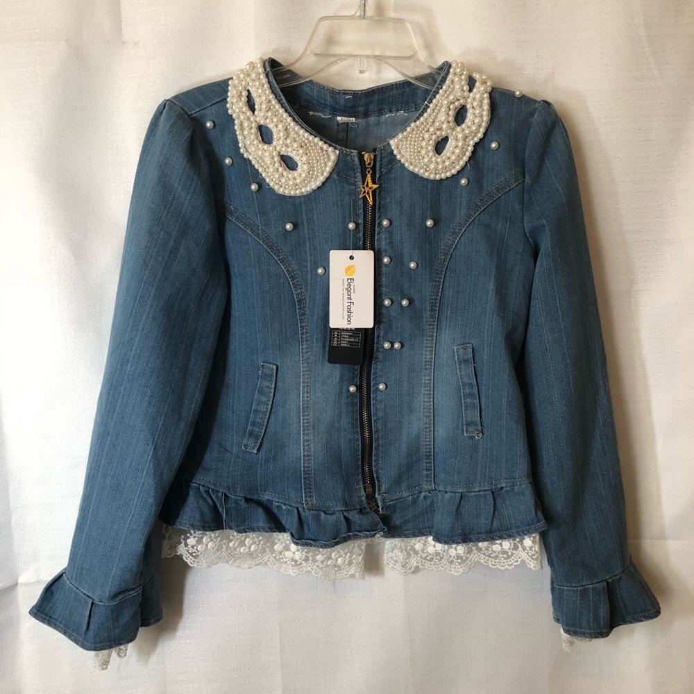 Denim jack with Lace And Pearl Details
